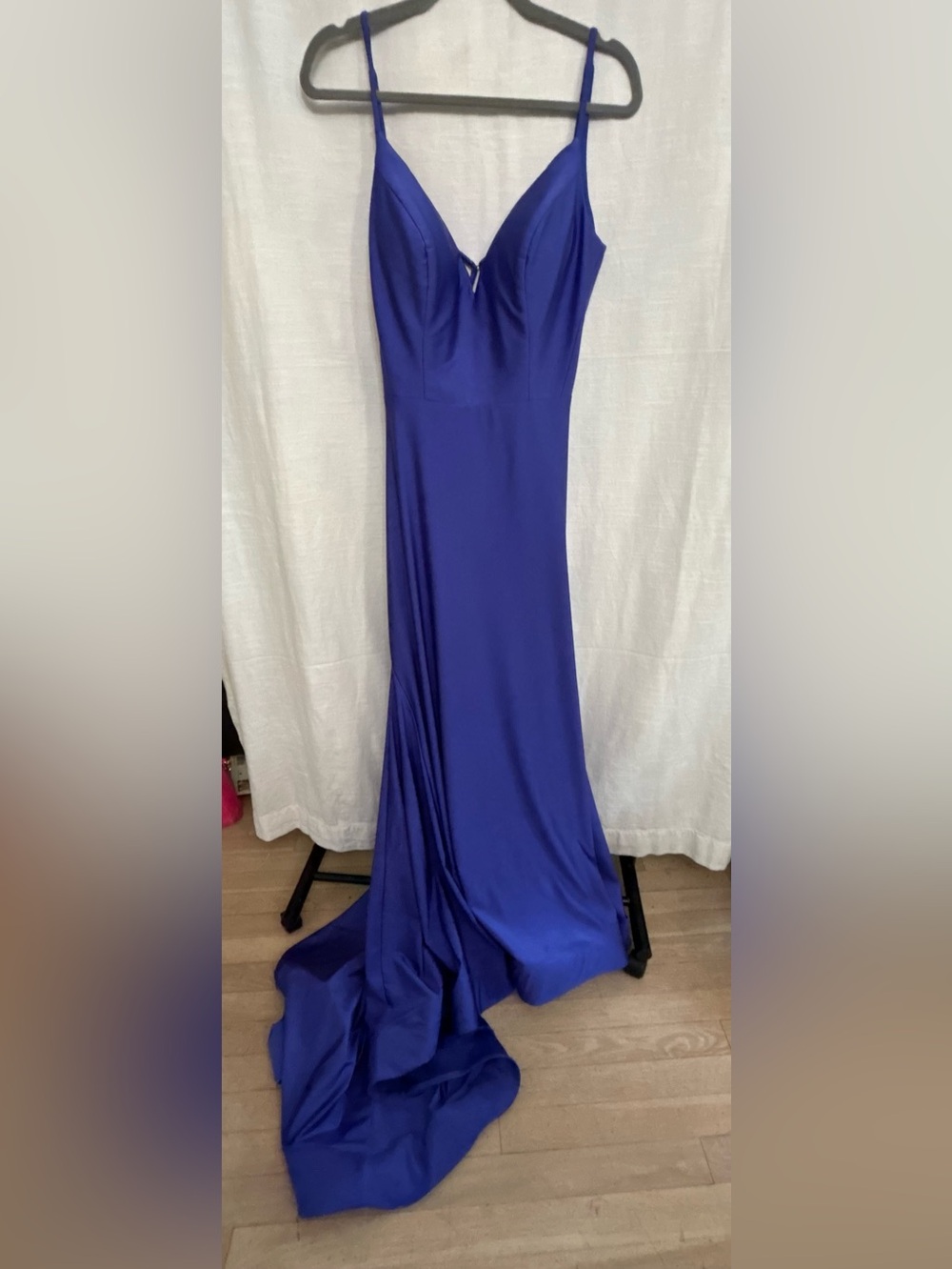 Sherri Hill Cobalt Blue Satin Maxi Skirt Gown with Strappy Back and Train